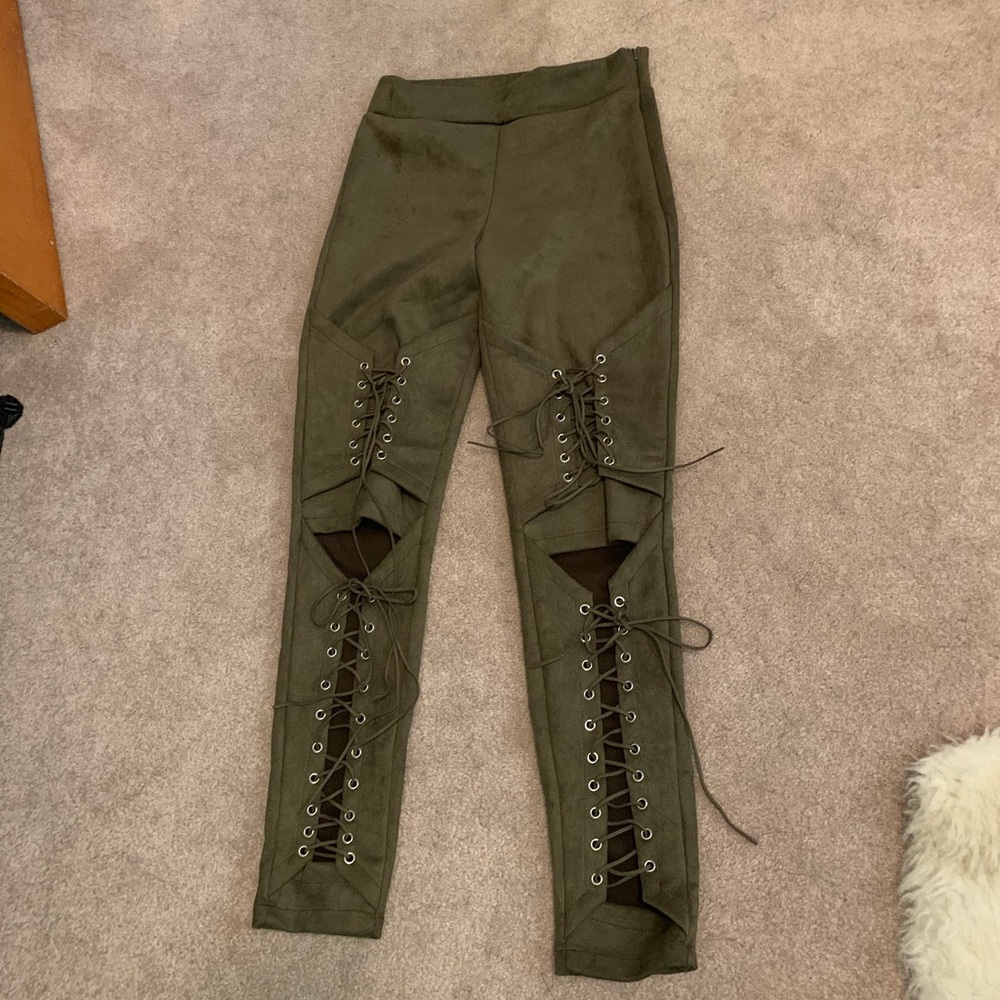 Olive green lace up pants